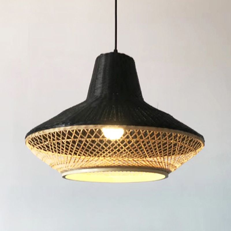Asian 1-Light Hanging Lamp with Knitted Bamboo Black/Wood Curvy Pendant Light for Restaurant Tea House