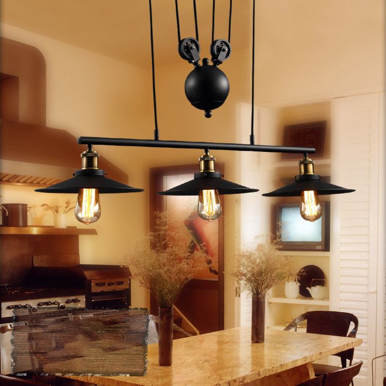 Wrought Iron Black Island Pendant Light in Industrial Classic Style 3-Light Adjustable Pendant Light for Dining Room