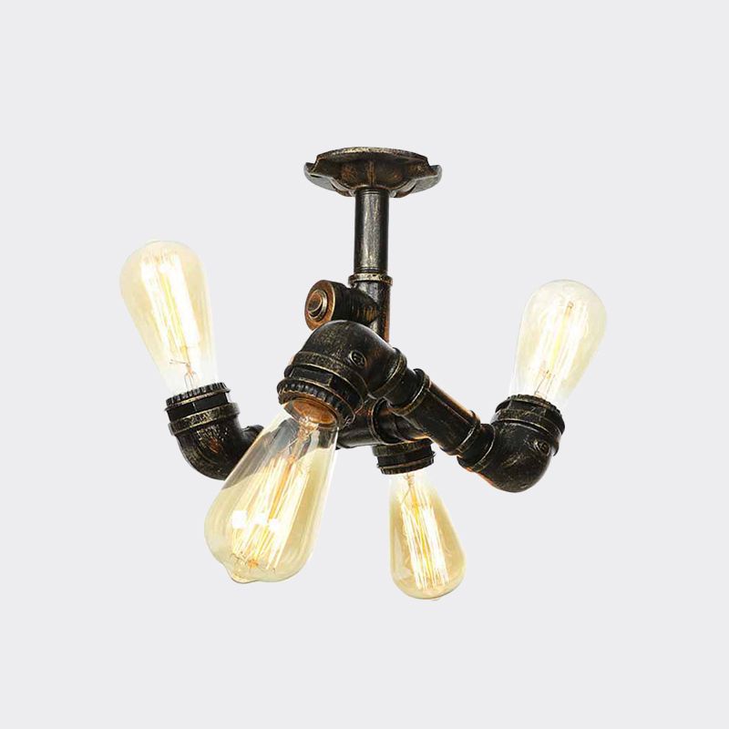 Industrial Bare Bulb Semi Flush Mount 3/4-Light Iron Flush Ceiling Lighting in Bronze
