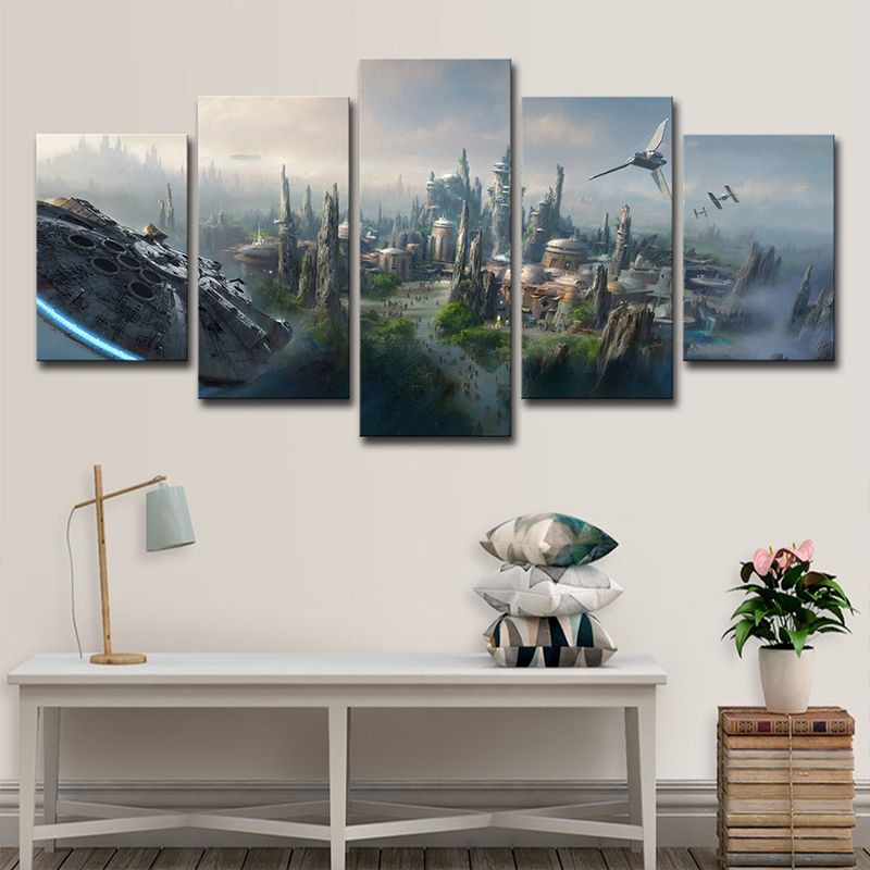 Blue Star War Scene Canvas Art Cityscape Futuristic Multi-Piece Wall Decor for Home