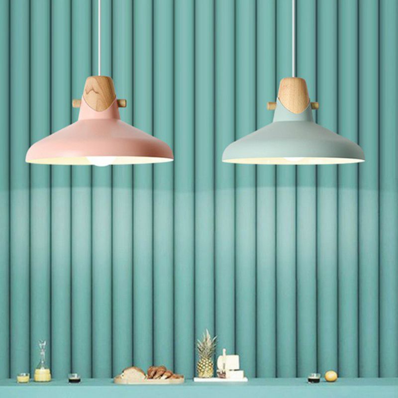 Restaurant effilé Plafond Light Metal Metal 1 Bulbe Macaron Pendant Lumière avec décor en bois