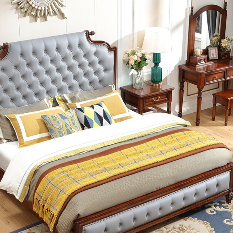 Traditional Brown Panel Bed 57.08" High Oak Bed with Upholstered Headboard