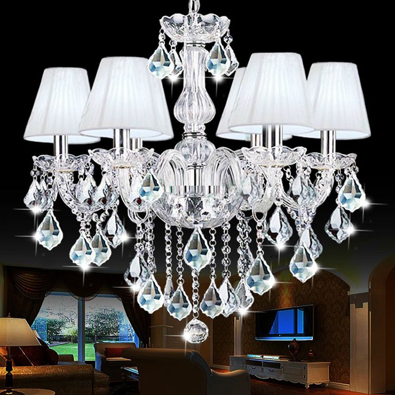 Pleated Fabric White Chandelier Empire Shade Transitional Pendant Light with Crystal Pendalogues
