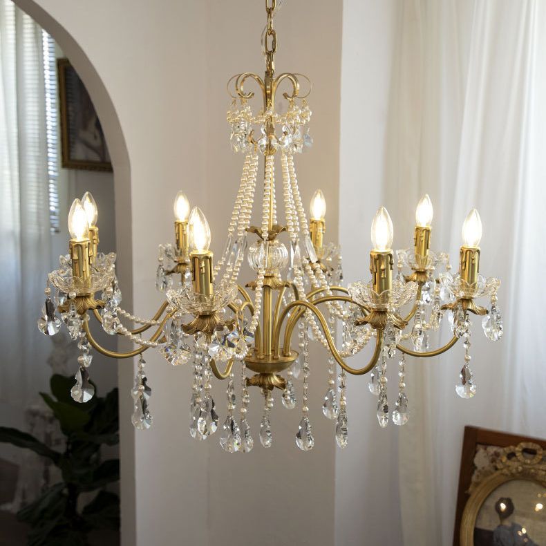 Multi-lights Vintage Candlestick Pendant Light Rustic Style Crystal Drops Large Chandelier for Living Room Dining Room