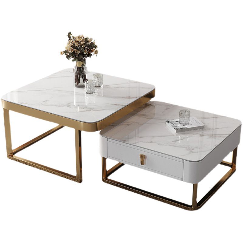 Gold Frame Metal Iron Base Design with Drawer Square Coffee Table