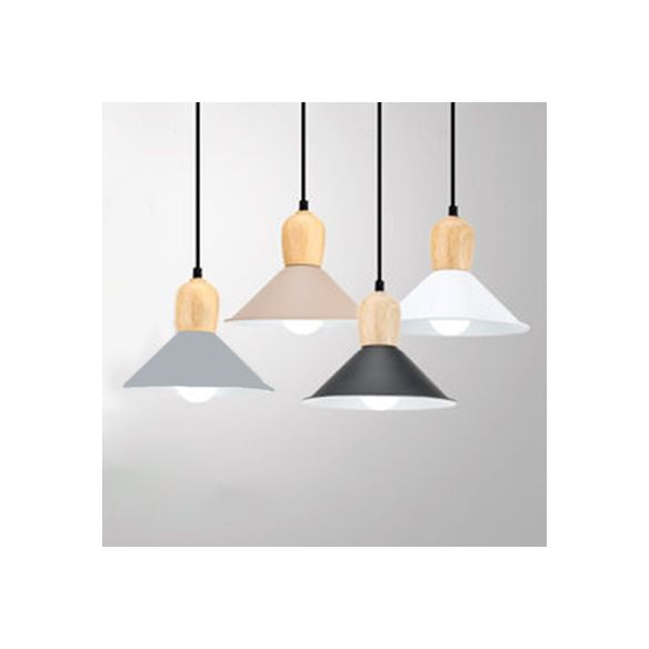 Metal Cone Pendant Light with Wooden Bulb Base 1 Head Nordic Style Hanging Light for Office