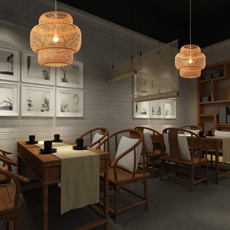 Asian Style Bamboo Weaving Lantern Hanging Light Wooden Single Bulb Ceiling Suspension Lamp for Cafe Shop