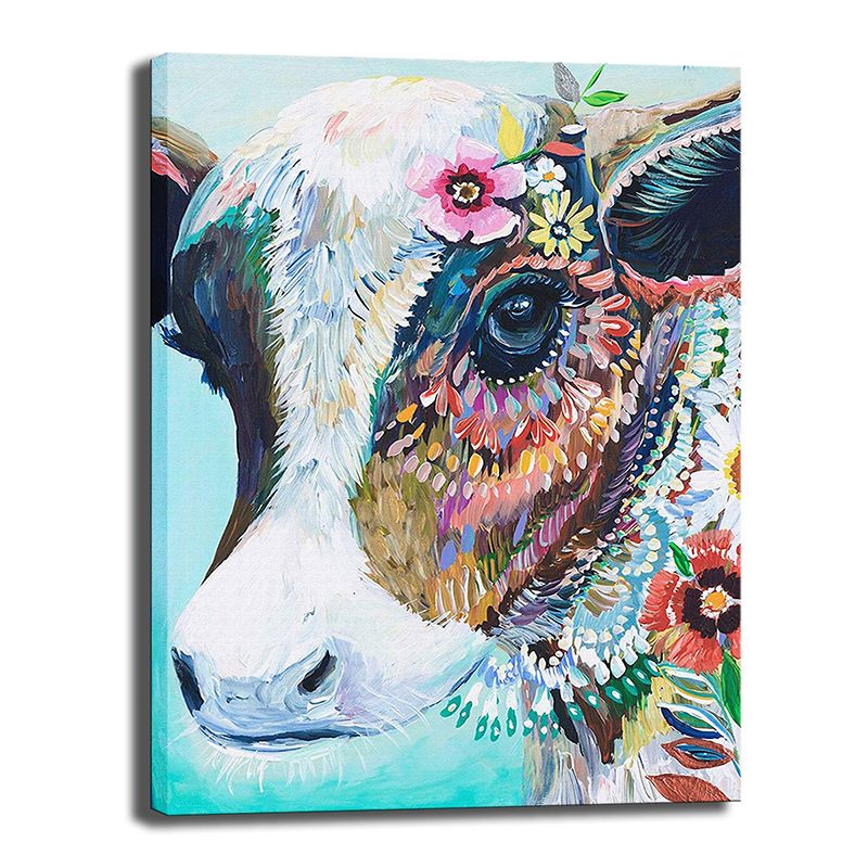 Cow with Flowers Painting Canvas Blue Modernist Style Living Room Wall Art