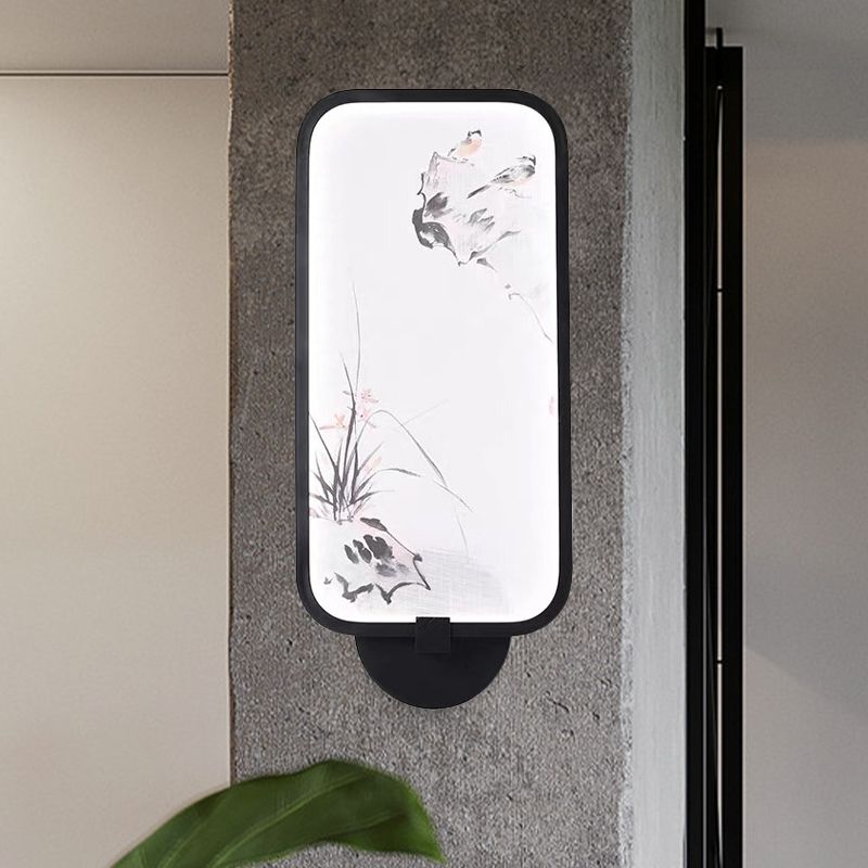 Acrylic Rectangle Wall Mural Light Chinese Style LED Black Wall Mounted Lamp with Bird Pattern
