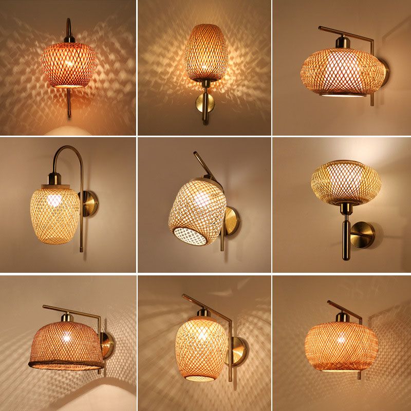 Bamboo Criss-Cross Woven Wall Lantern Chinese Style 1 Bulb Wood Wall Mounted Light Fixture