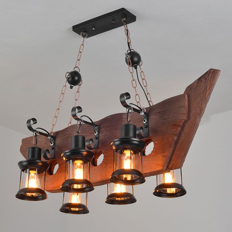 6-Lights Industrial Styl Island Pendants Wood Pendant Lights for Restaurant