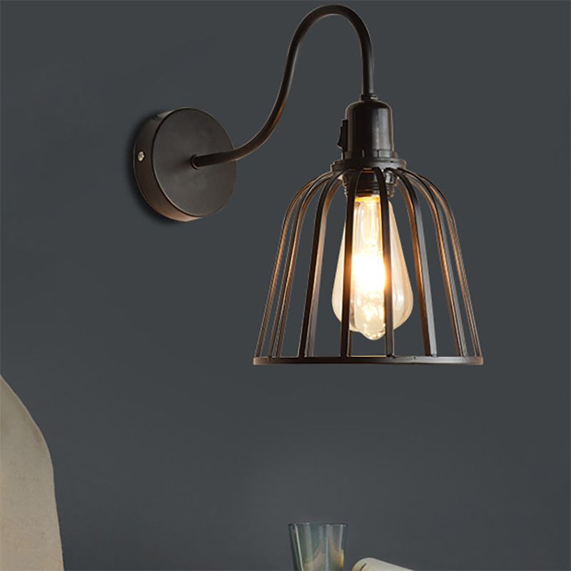 Swing Arm Metallic Wall Mount Light with Wire Cage Industrial 1 Light Bedroom Wall Lamp in Black