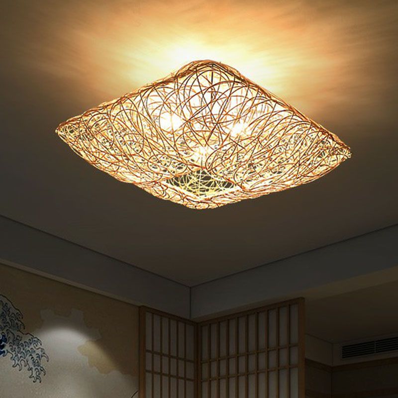Japanese Square Flush Ceiling Light Rattan 3 Heads Bedroom Flush Mount Lighting in Wood