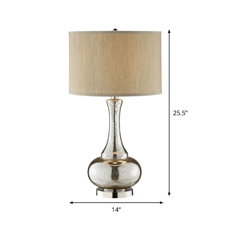 Silver Glass Vase Shape Nightstand Light Modernism Single Bulb Night Table Lamp with Drum Beige Fabric Shade