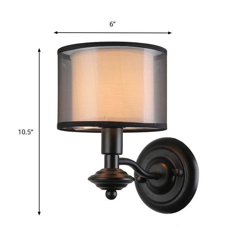 1 Bulb Fabric Wall Lighting Ideas Retro Black Double Drum Shade Corridor Sconce Light Fixture