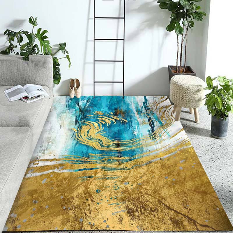 Stylish Watercolor Pattern Rug Blue and Golden Casual Rug Polyester Washable Non-Slip Backing Area Rug for Bedroom