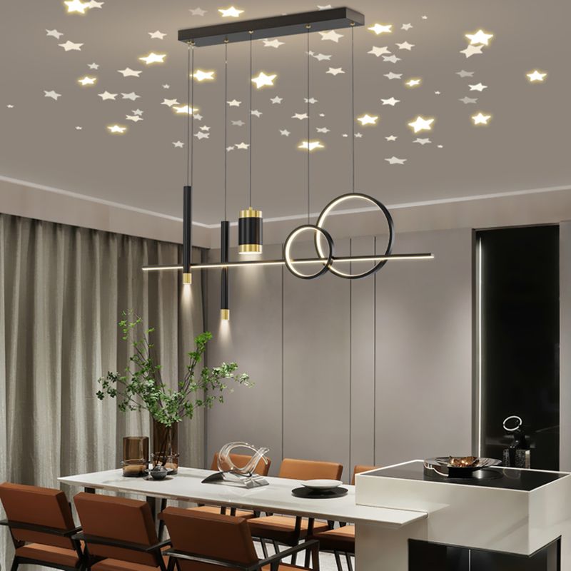 Black Metal Island Light Fixtures Modern Multi-Head Geometry Restaurant LED Hanging Lamps