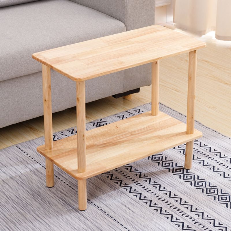 Modern Solid Wood End Slide Table 4 Legs with Shelf Double Tier Side Table