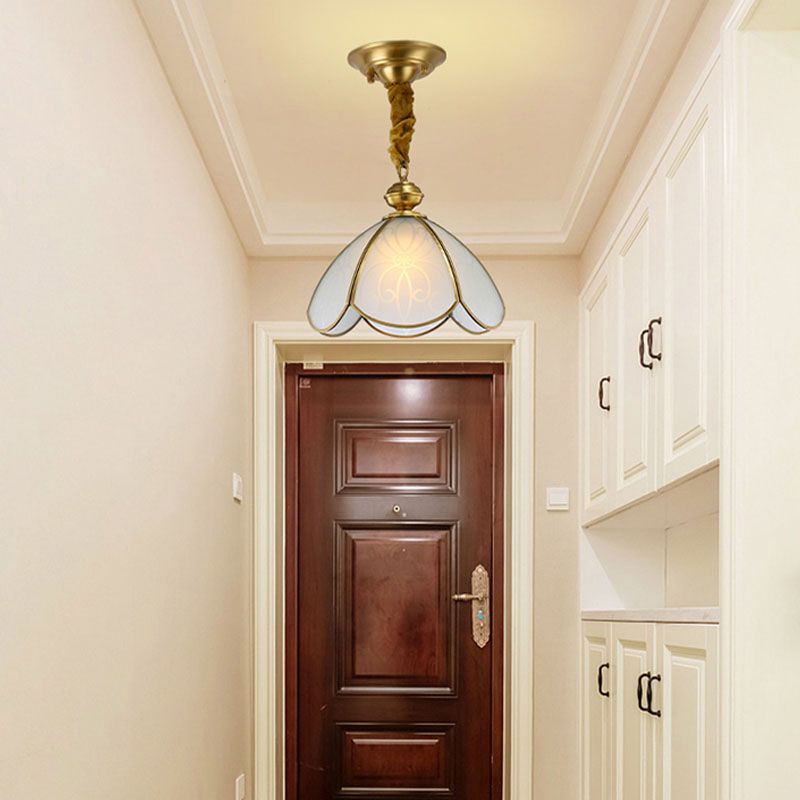 Colonial Flower Hanging Pendant 1 Head Frosted White Glass Suspended Lighting Fixture for Hall