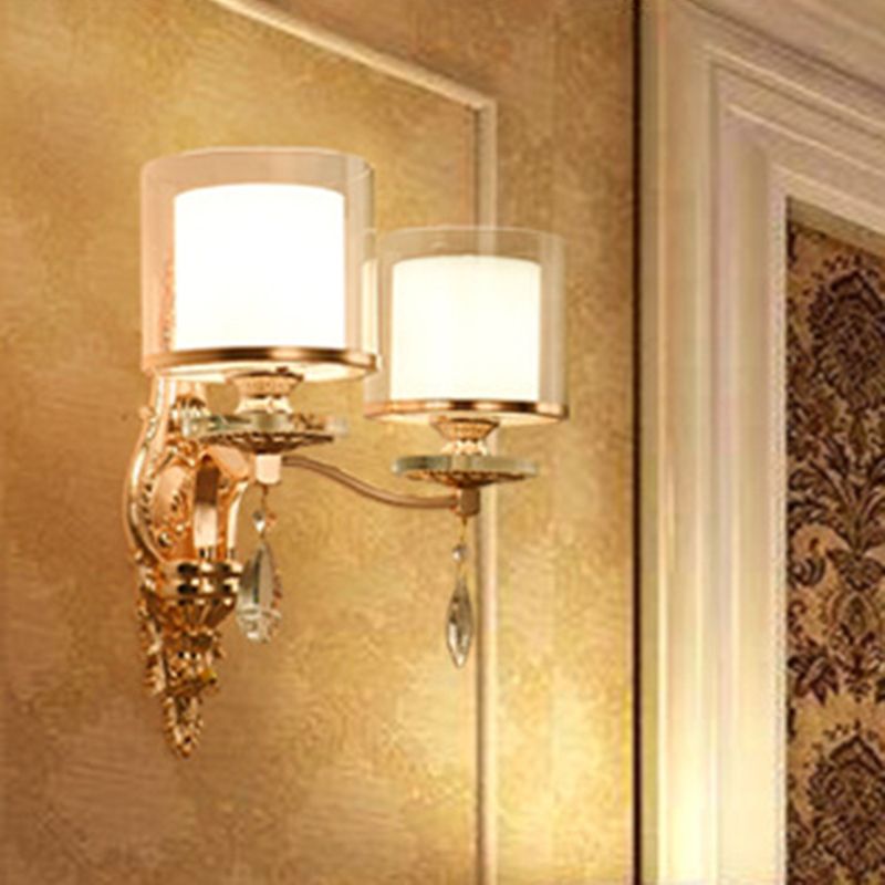 Clear Glass Cylinder Wall Mount Light Minimalism Corridor Wall Lighting with Crystal Accent in Gold