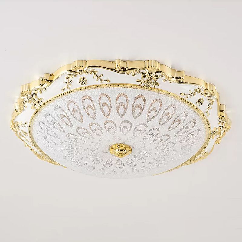 LED Round Ceiling Flush Traditional White and Gold Milky Glass Printed Flush Mount Lighting