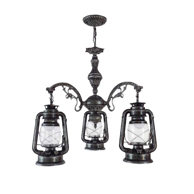 Clear Glass Black/Silver/Red Chandelier Light Lantern 3-Light Industrial Pendant Lamp for Kitchen