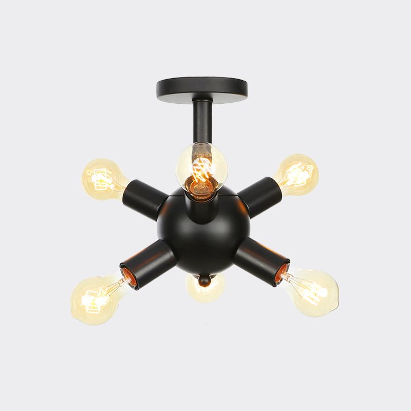 Metallic Sputnik Semi Flush Light Fixture Industrial 6/9/12 Bulbs Coffee House Flush Mount Lamp in Black