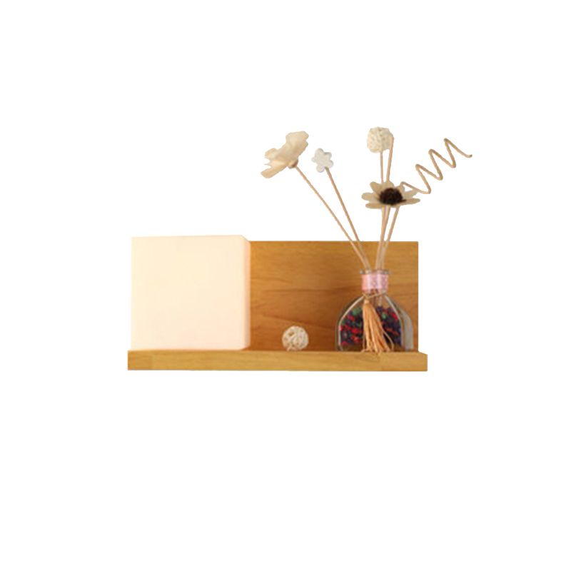 Contemporary Beige Wall Lamp with Fake Plant Deco Cube Shade 1 Light Wood & Milk Glass Sconce Light for Bedroom