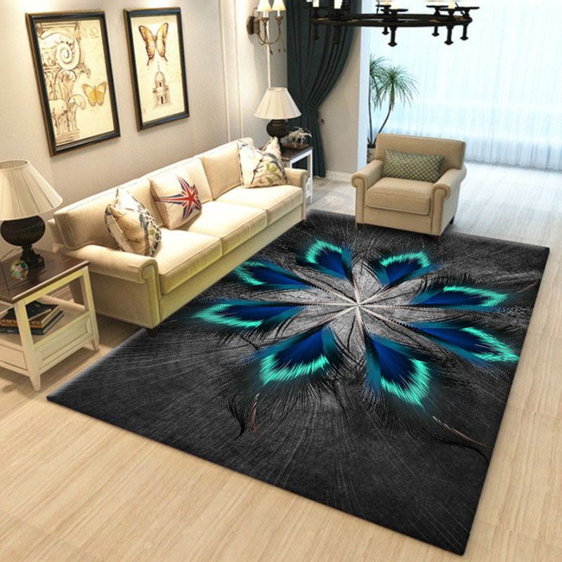 Black Modern Carpet Plant Pattern Polyester Area Rug Stain Resistant Rug for Home Decor