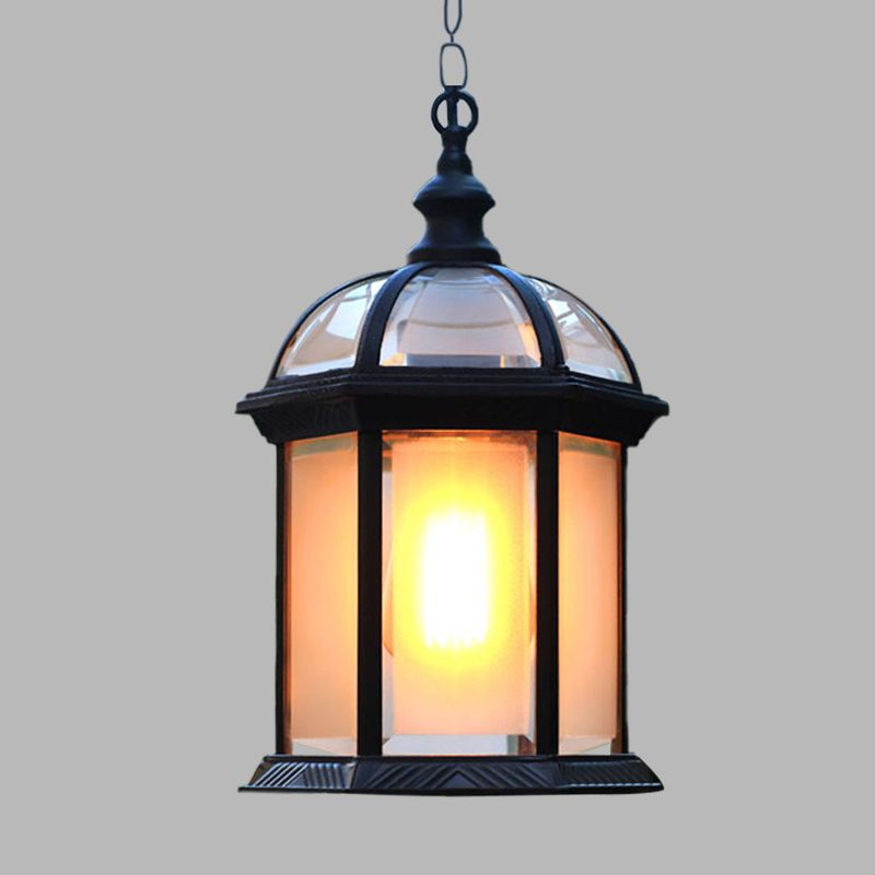 Black/Brass 1 Head Suspension Light Farmhouse Frosted Glass Birdcage Hanging Ceiling Lamp for Courtyard