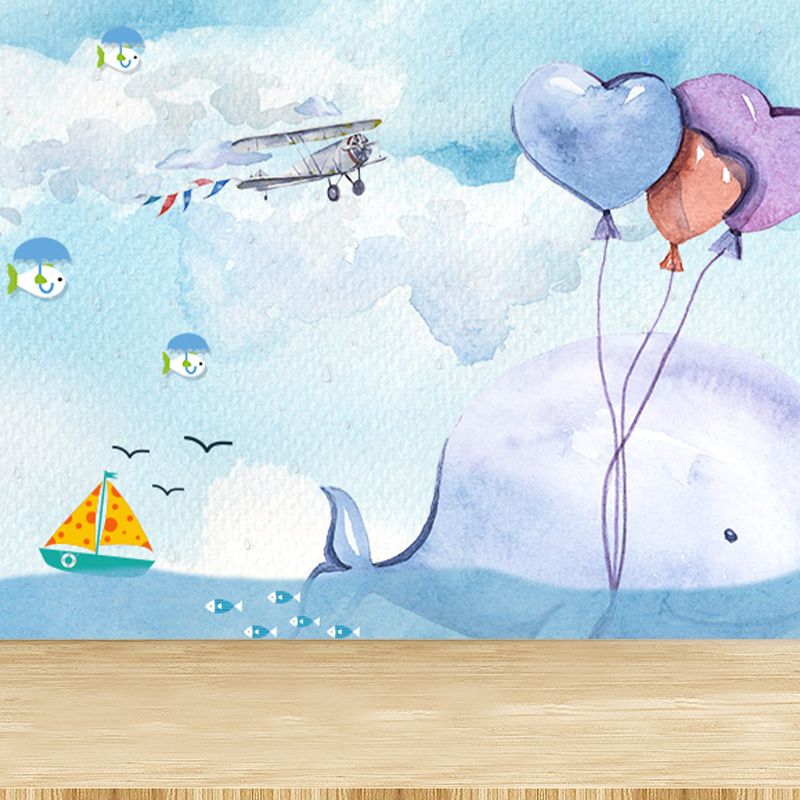 Whale and Sea Mural Decal Pastel Color Children's Art Wall Covering for Kids Room