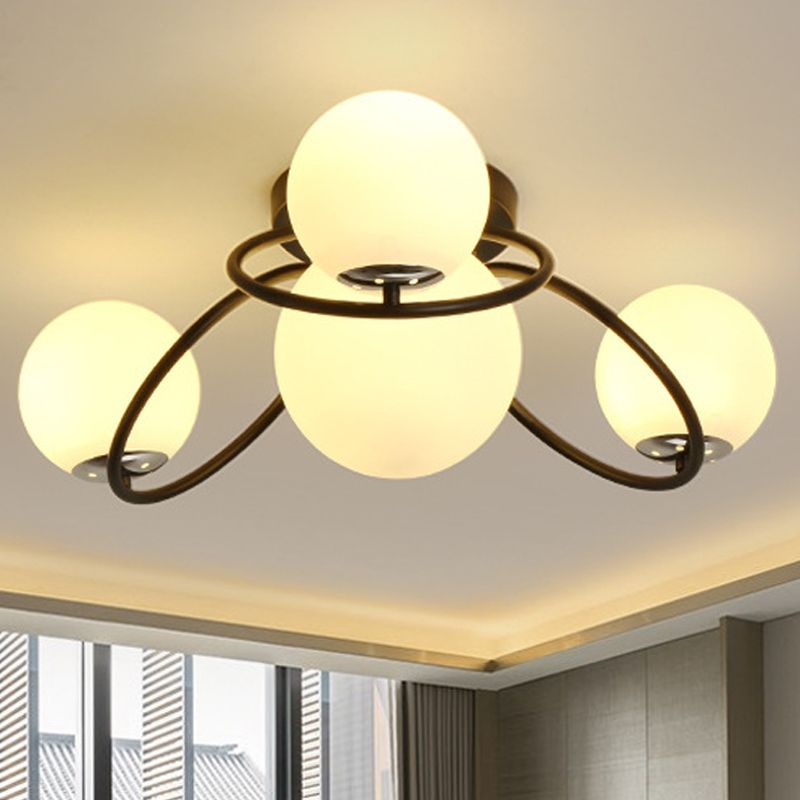 Round Opal Glass Semi Flush Mount Classic 4 Lights Living Room Ceiling Lighting in Black/White