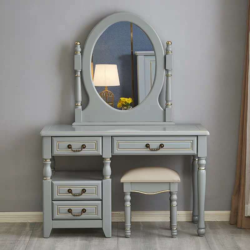 Mirror Desk Furniture 2 Drawer Blue Vanity with Padded Stool