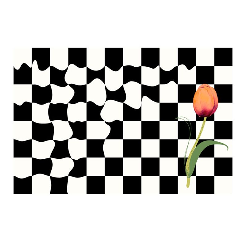 Black Simple Rug Polyester Flower Rug Washable Rug for Living Room