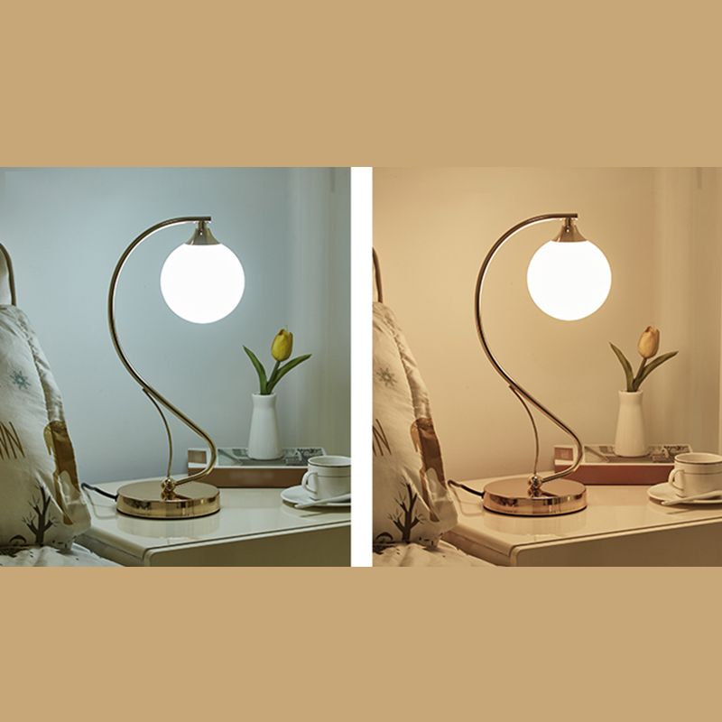 Satin Opal Glass Ball Table Lamp Contemporary Gold Finish Nightstand Light for Bedroom