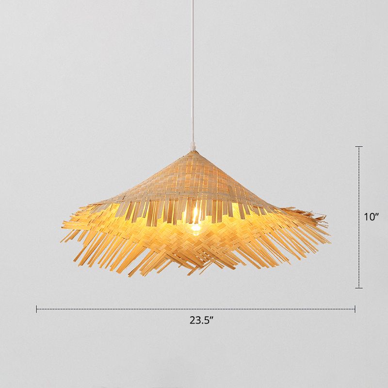Bamboo Conical Hat Pendant Lamp Chinese Single Beige Suspension Light for Tea Room