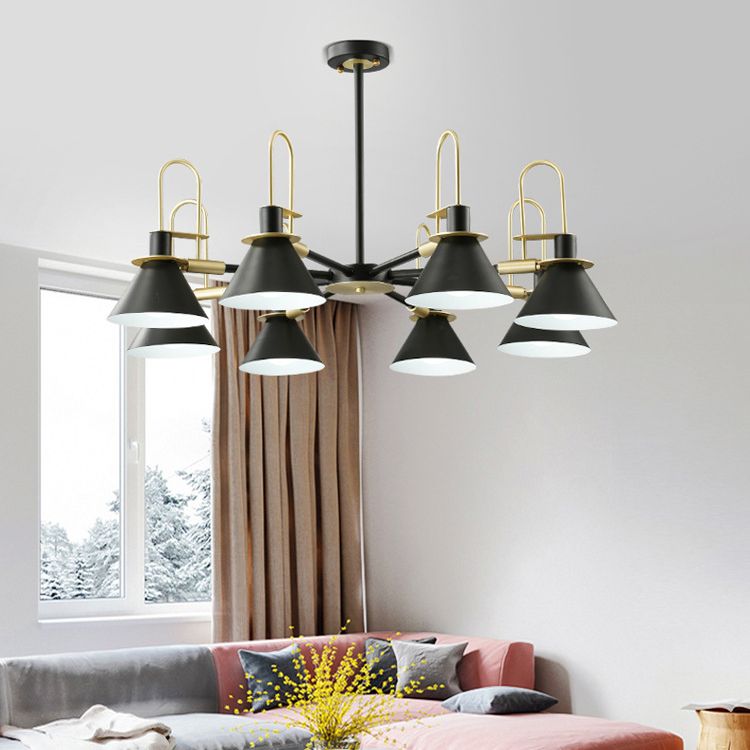 Cone Shade Chandelier Light Nordic Metal Living Room Hanging Pendant with Arc Arm