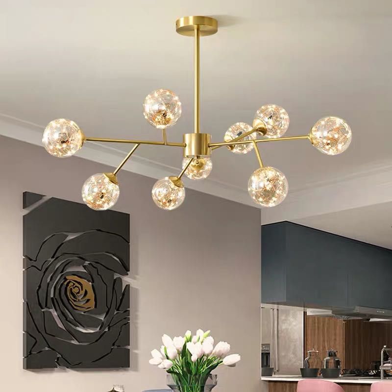 Branch Shaped Living Room LED Chandelier Pendant Light Metallic Modern Hanging Light with Sphere Glass Shade