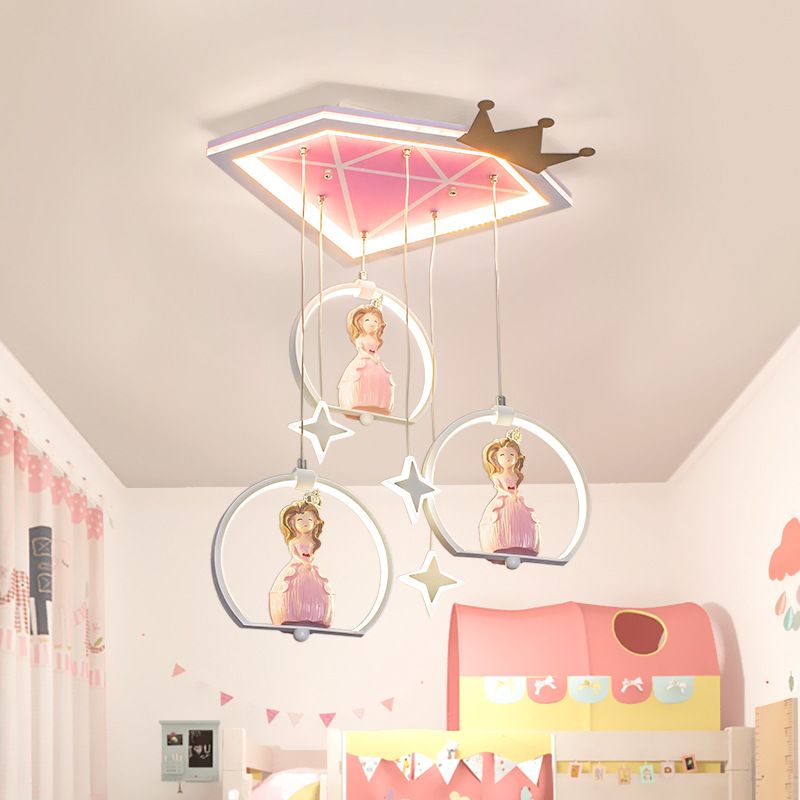 Cartoon LED Ceiling Flush Pink Diamond Flush Mount Light Fixture with Acrylic Shade and Draping Princess