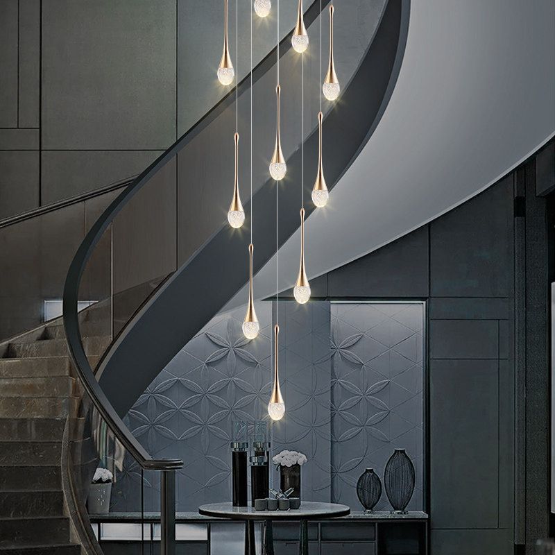 Modern Brass Crystal Hanging Light Long LED Cone Cascade Pendant Lights for Stairwell
