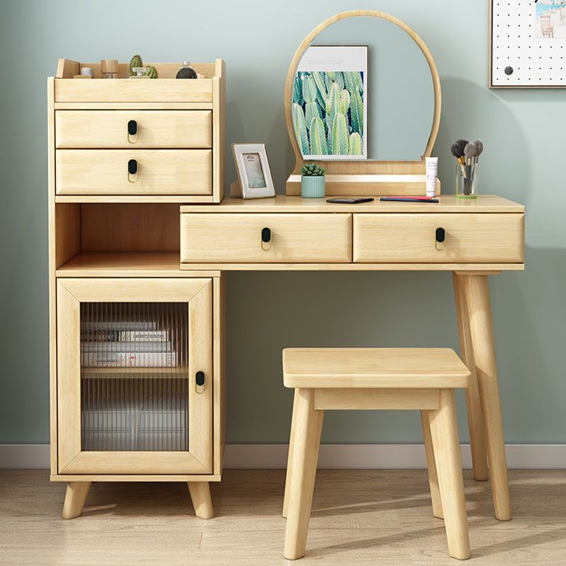 Wood Vanity Set with Stool and Mirror 4 Drawers Dresser Modern Style