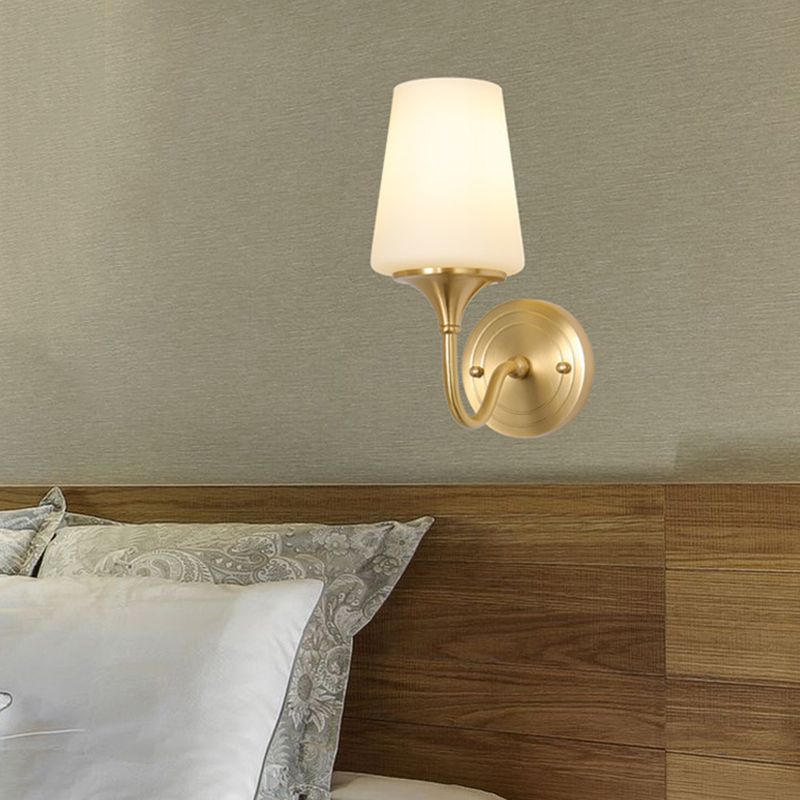 1/2-Bulb Cone Shade Wall Light Contemporary Style White Glass Wall Sconce Lighting in Brass for Bedroom