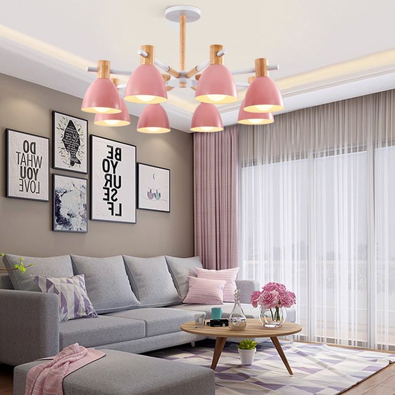 Modern Creative Sputnik Pendant Light Wooden Macaron Chandelier with Wrought Iron Shade