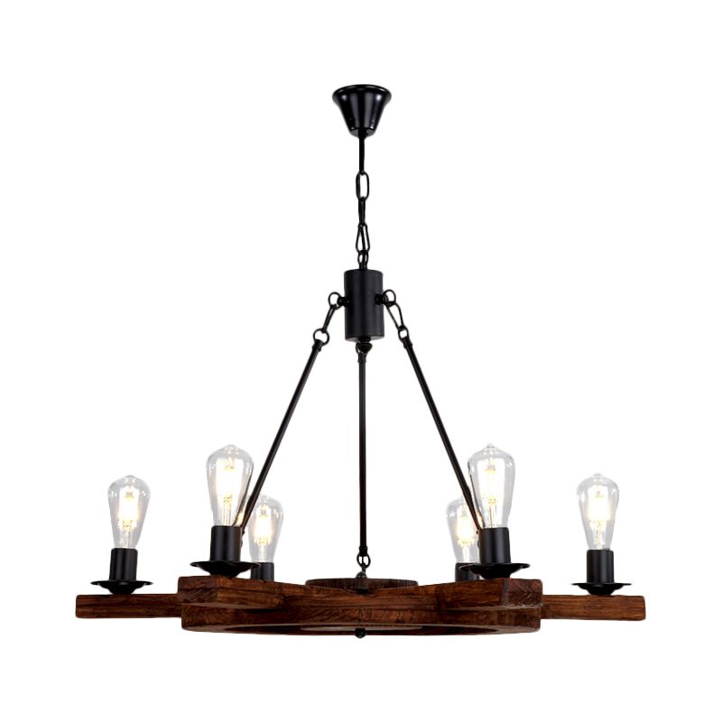 6 luci timesatore di lampadario di lampadario Country Brawn Legno Apparecchiatura a soffitto con design a bulbo nudo per camera da letto