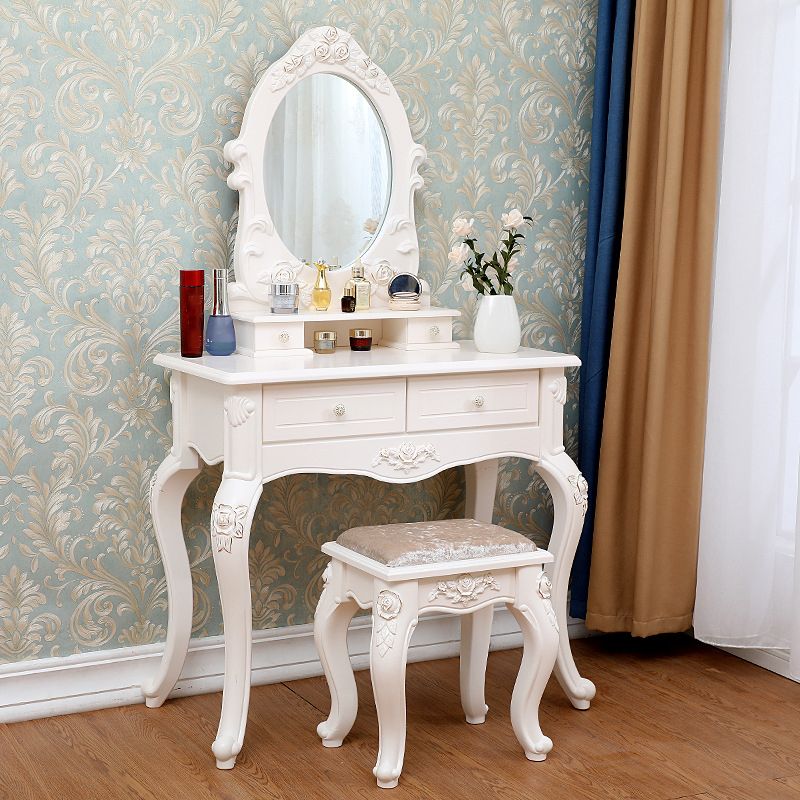 Victorian Mirrored Makeup Dressing Table Wood Stool Set in White