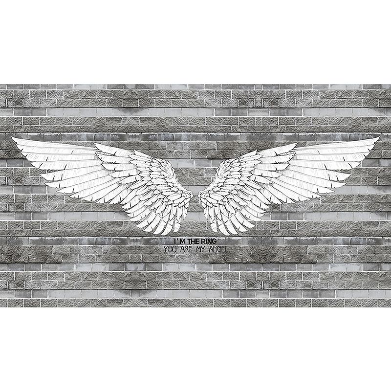 Retro Wing and Stripe Mural for Living Room, Custom-Printed Wall Decor in Grey