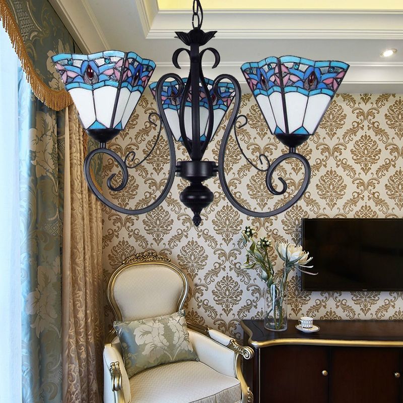Pyramid Hanging Lighting with Metal Chain Adjustable 3 Lights Stained Glass Pendant Light in Blue