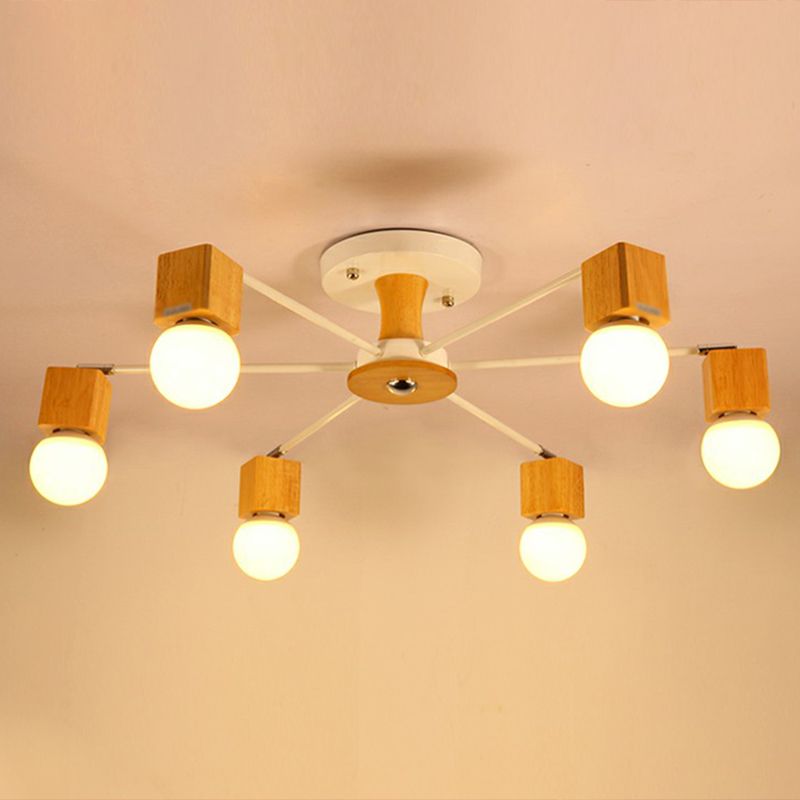 Wooden Cube Semi Mount Lighting Nordic White and Beige Ceiling Flush Light with Open Bulb Design