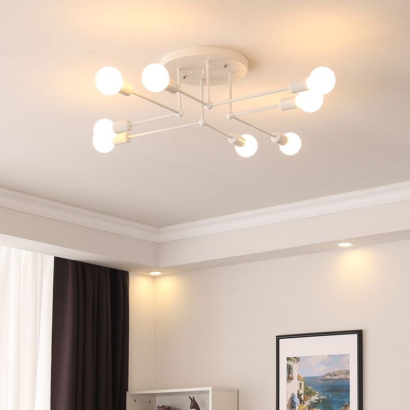 White Finish 6/8 Lights Semi Flush Light Loft Style Metallic Sputnik Ceiling Lighting for Living Room