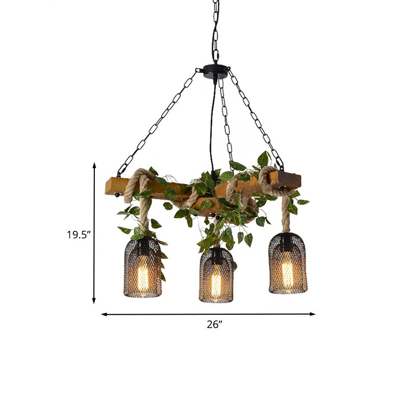 Pendre de lustre marron en métal Cage de cloche légère à 3 couches Kit de lampe suspendue à la corde vintage avec déco de poutre de branche en bois